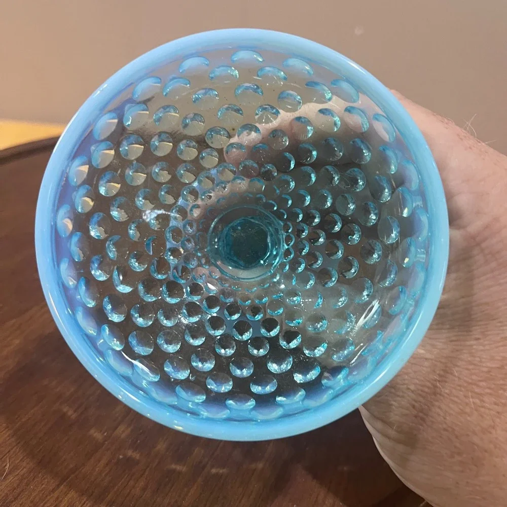 Vtg Fenton‎ Blue Opalescent Hobnail Art Glass Sherbet Goblet MCM Twisted Stem